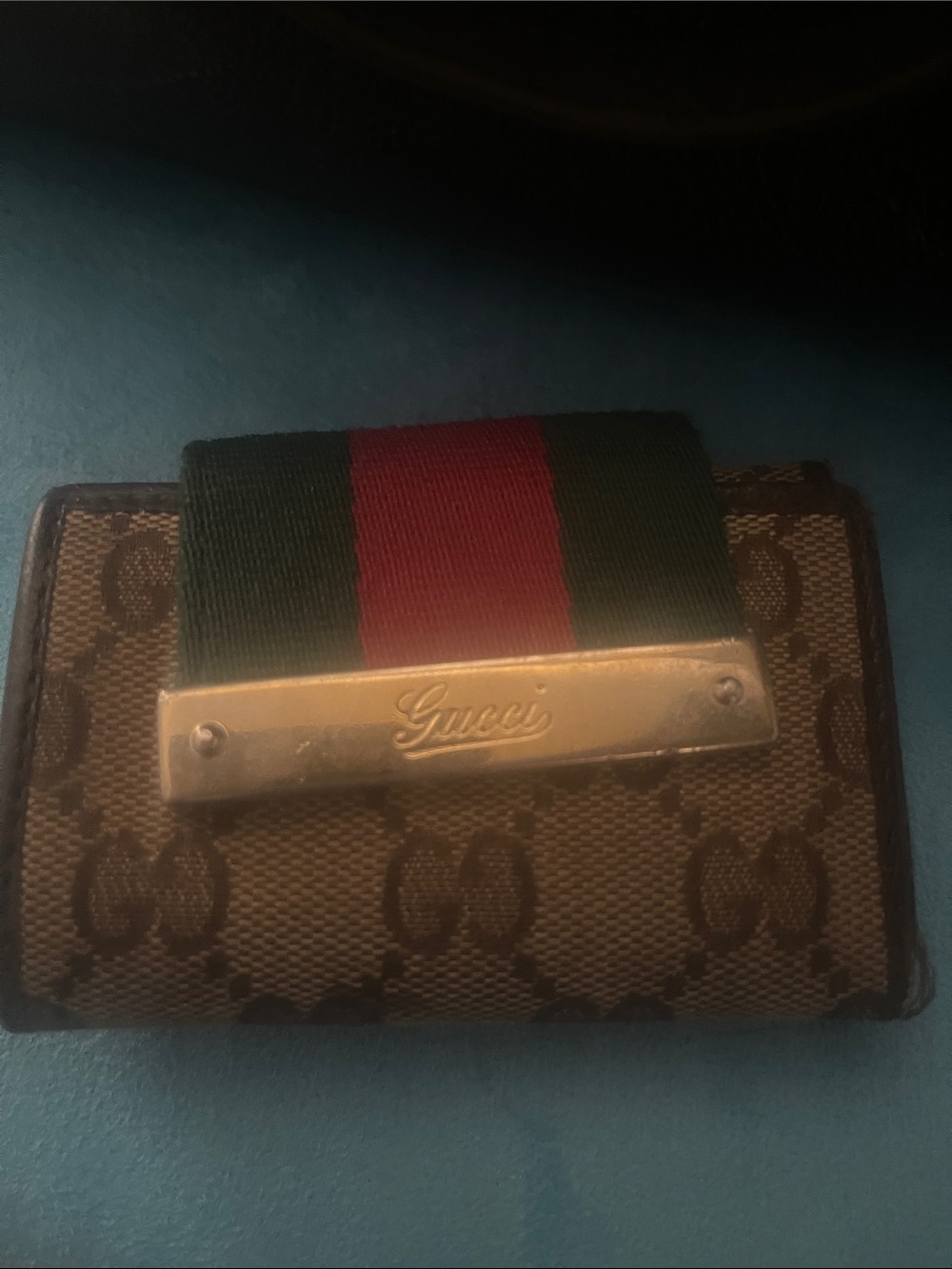 Gucci Brown Monogram Card Holder with Green and Red Web